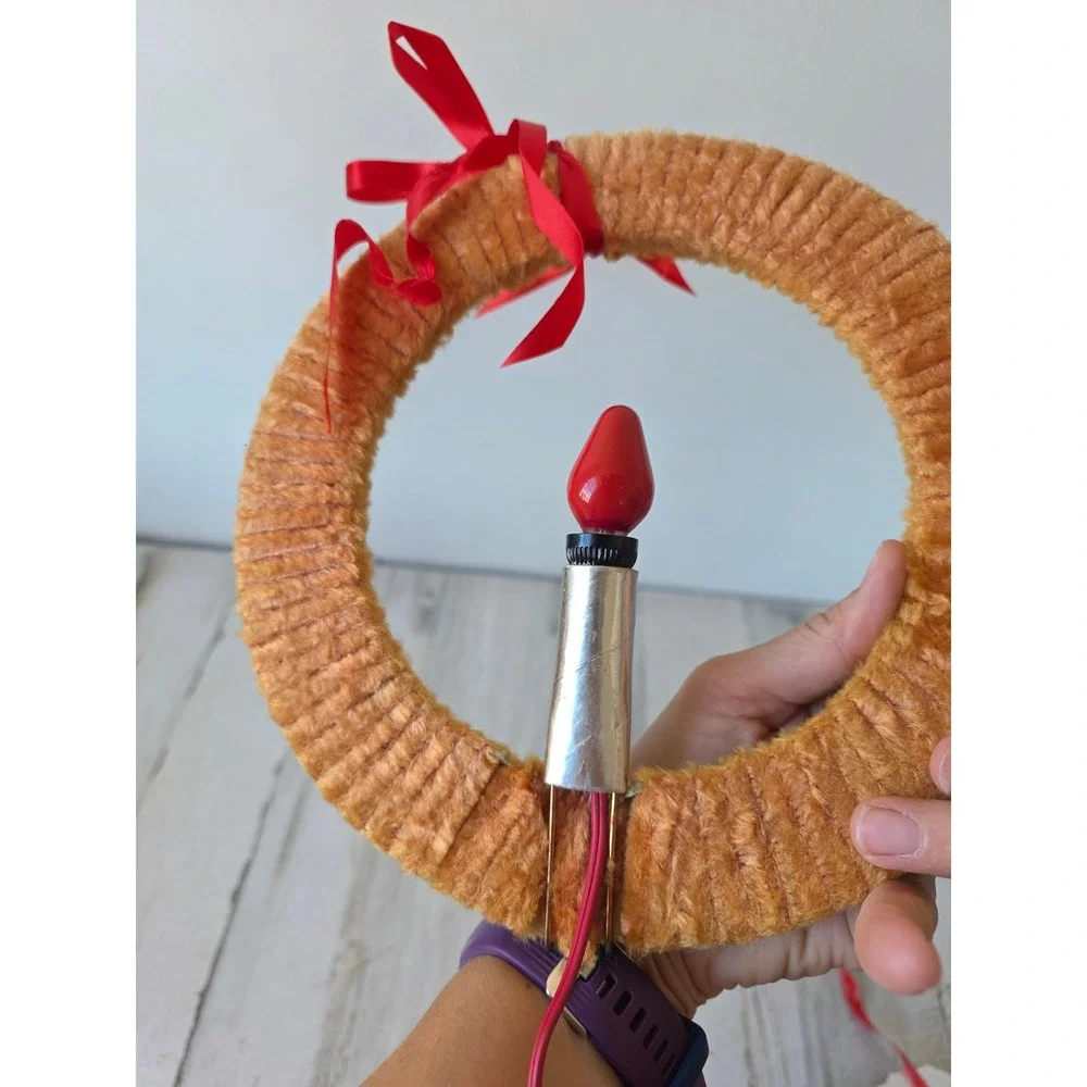 Vintage chenille orange candle wreath hanging Xmas decor working light decor is